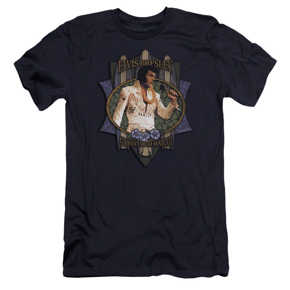 AN OFFCIALLY LICENSED ELVIS PRESLEY ALOHA FROM HAWAII MEN'S PREMIUM SLIM FIT T-SHIRT NAVY