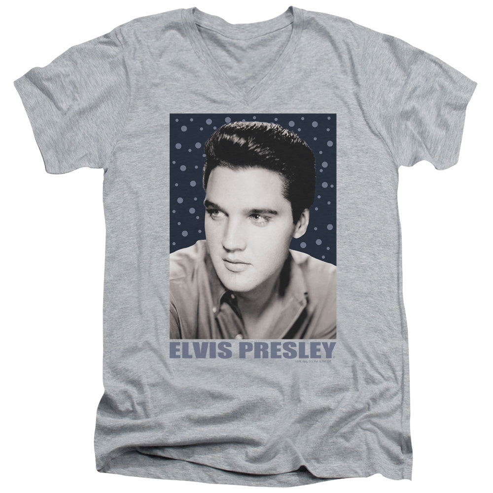 AN OFFCIALLY LICENSED ELVIS PRESLEY BLUE SPARKLE MEN'S V-NECK T-SHIRT ATHLETIC HEATHER
