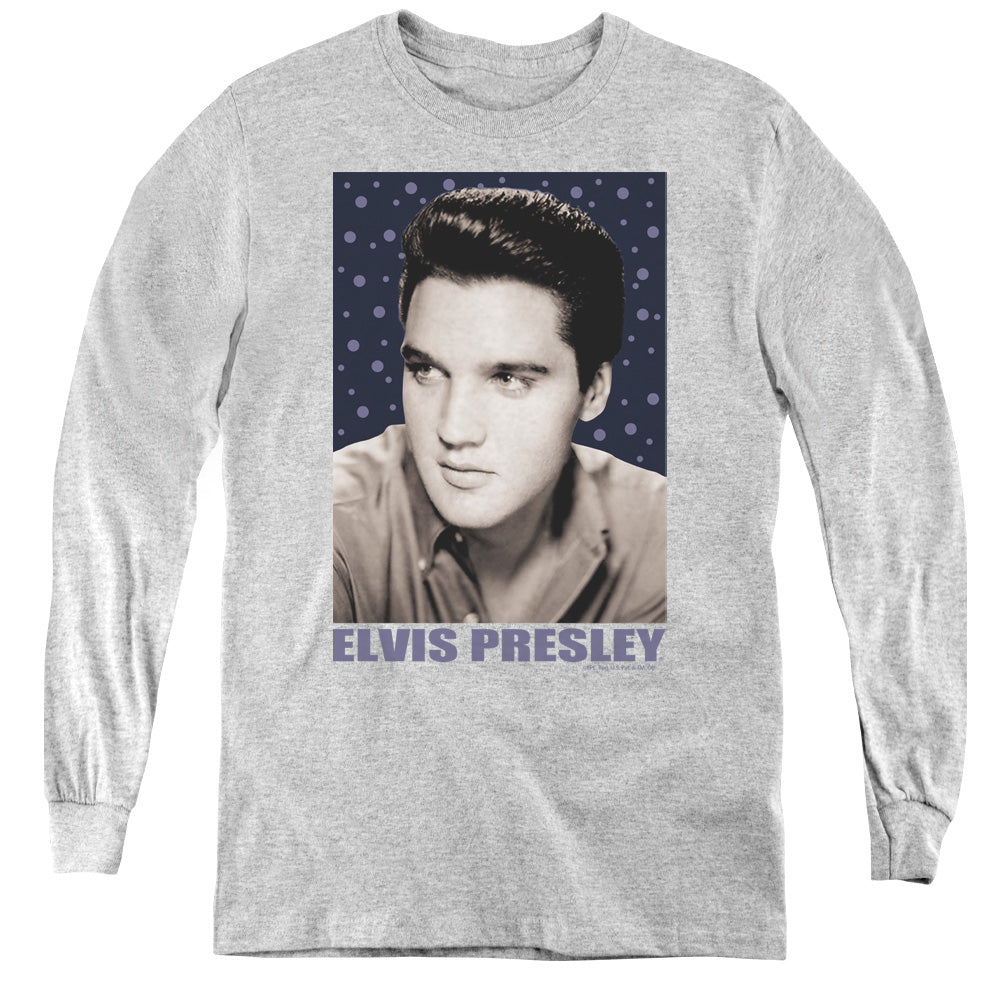 AN OFFCIALLY LICENSED ELVIS PRESLEY BLUE SPARKLE YOUTH LONG SLEEVE T-SHIRT ATHLETIC HEATHER