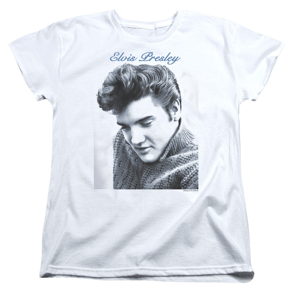 AN OFFCIALLY LICENSED ELVIS PRESLEY SCRIPT SWEATER WOMEN'S REGULAR FIT T-SHIRT WHITE