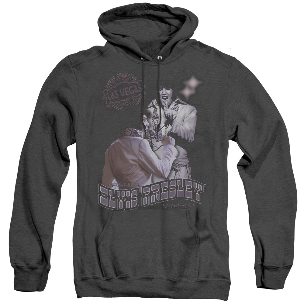 AN OFFCIALLY LICENSED ELVIS PRESLEY VIOLET VEGAS ADULT UNISEX HEATHER PULLOVER HOODIE BLACK