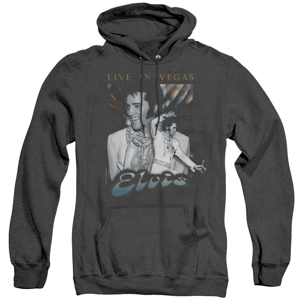 AN OFFCIALLY LICENSED ELVIS PRESLEY LIVE IN VEGAS ADULT UNISEX HEATHER PULLOVER HOODIE BLACK