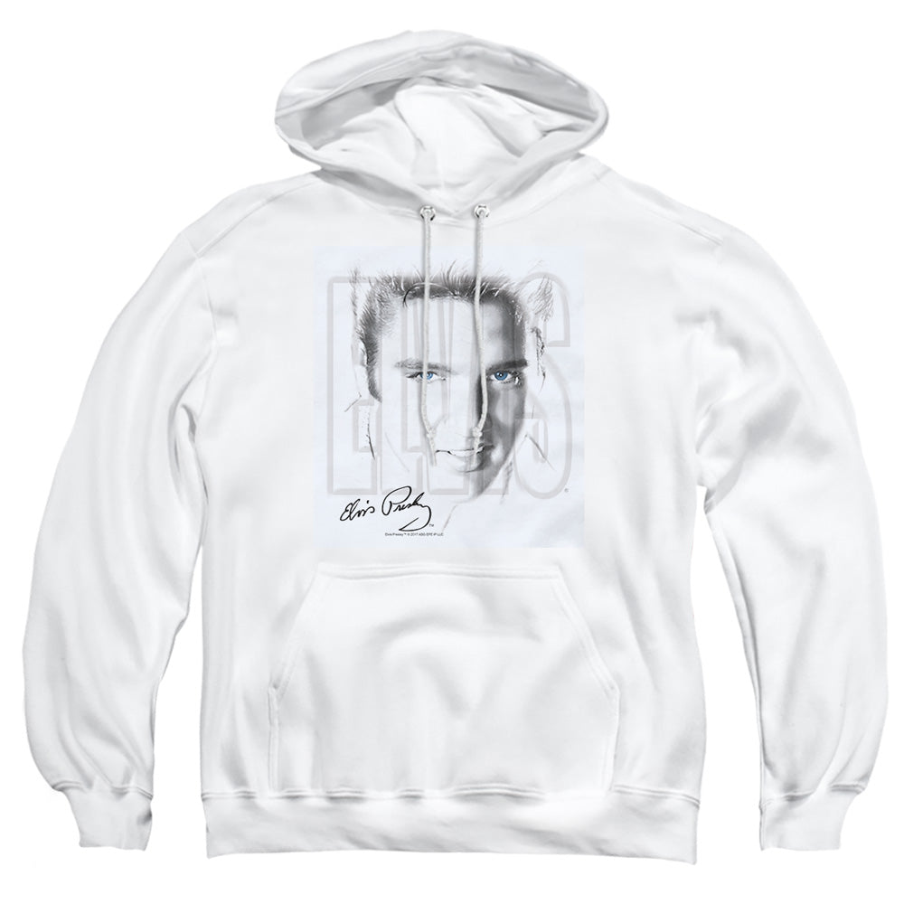 AN OFFCIALLY LICENSED ELVIS PRESLEY BLUE EYES ADULT UNISEX PULLOVER HOODIE WHITE