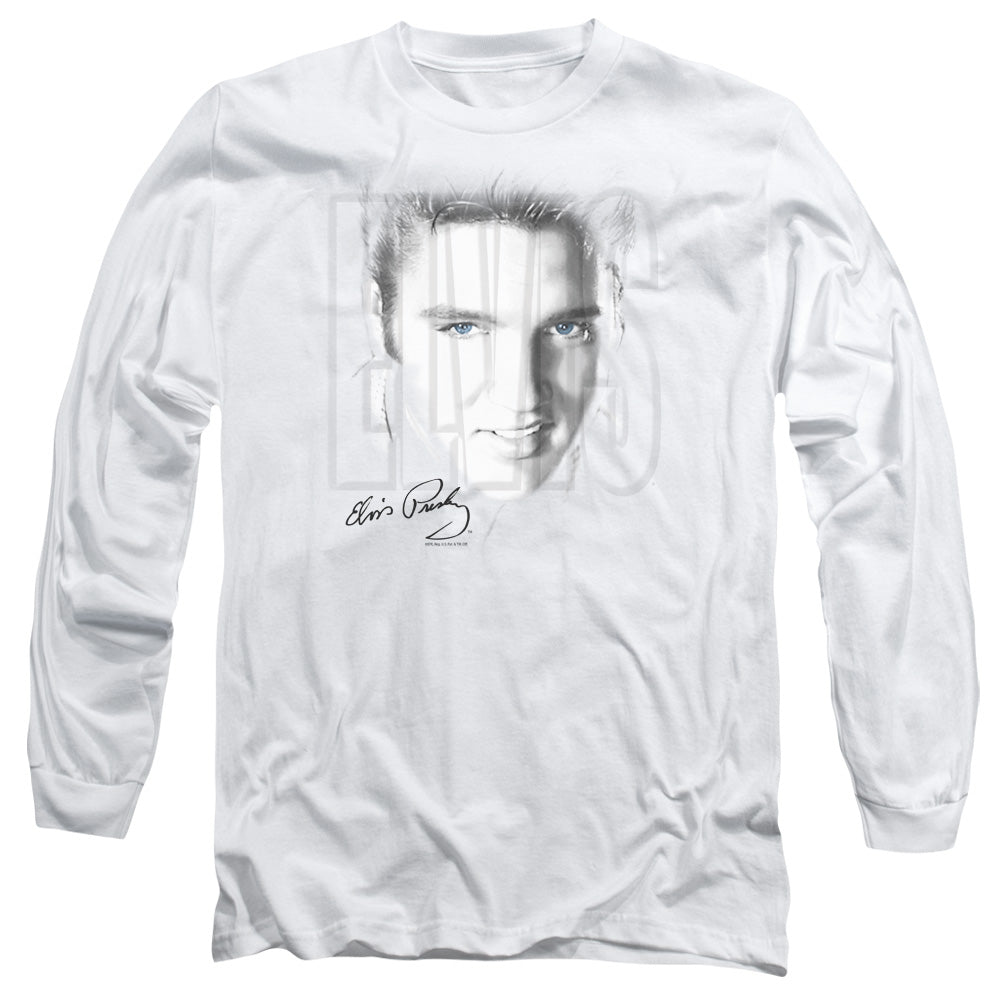 AN OFFCIALLY LICENSED ELVIS PRESLEY BLUE EYES MEN'S LONG SLEEVE T-SHIRT WHITE