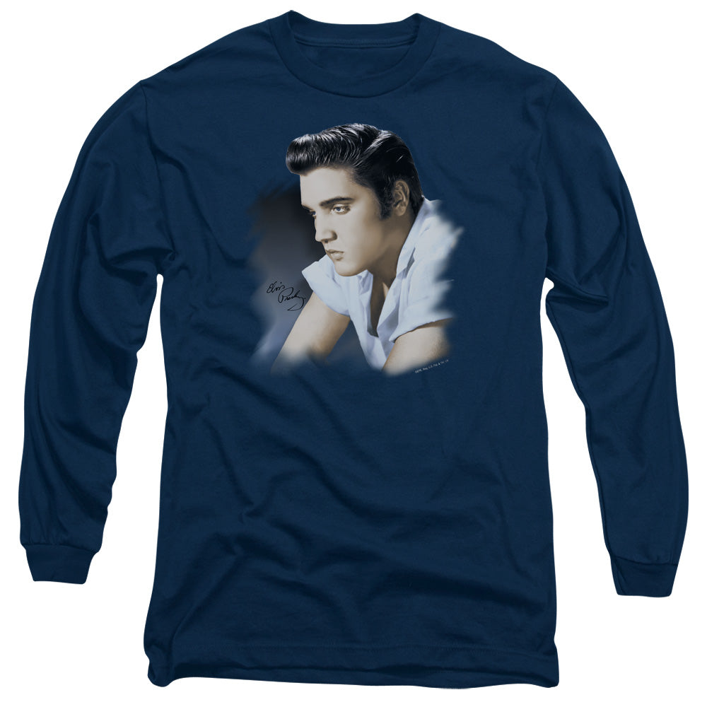 AN OFFCIALLY LICENSED ELVIS PRESLEY BLUE PROFILE MEN'S LONG SLEEVE T-SHIRT NAVY