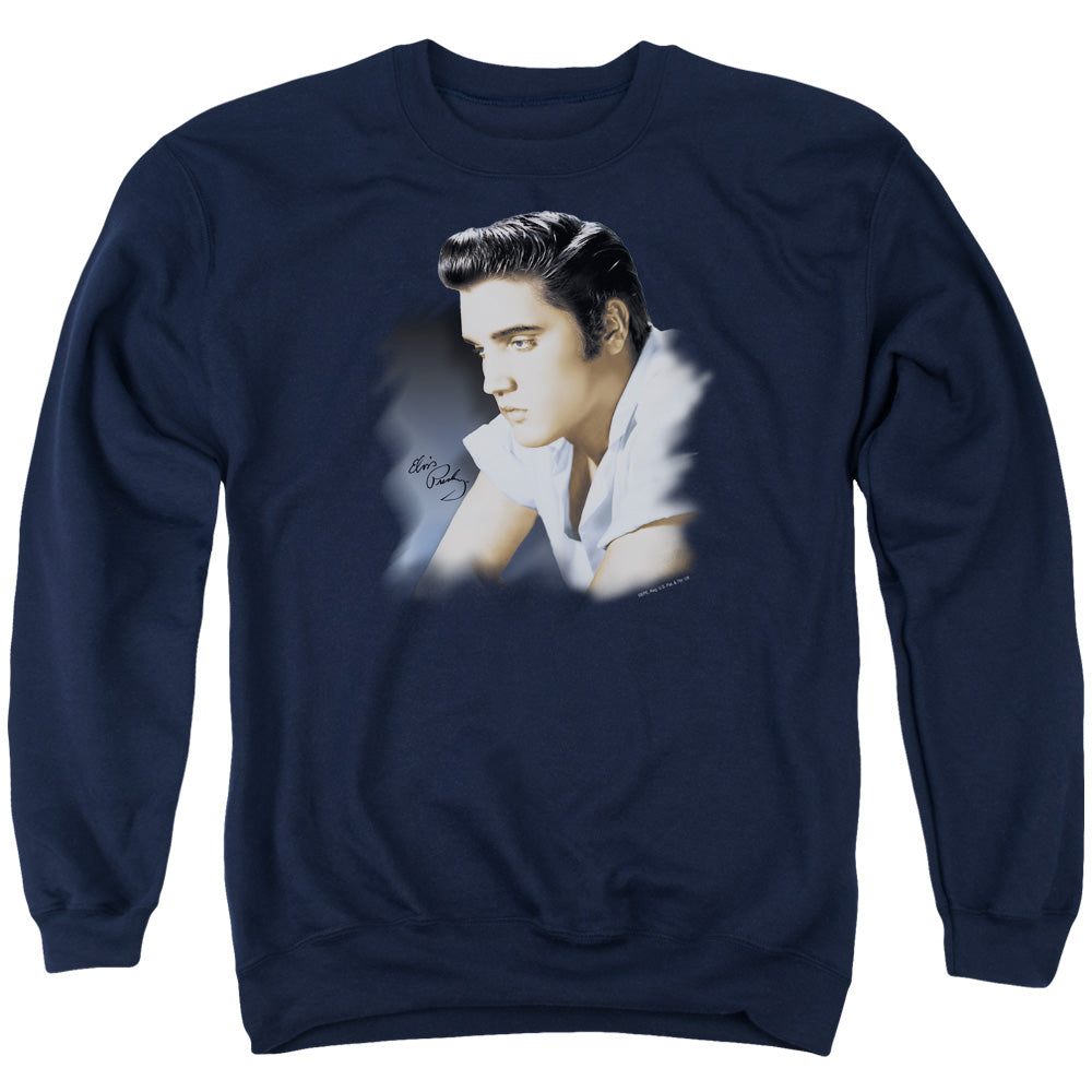 AN OFFCIALLY LICENSED ELVIS PRESLEY BLUE PROFILE ADULT UNISEX CREWNECK SWEATSHIRT NAVY