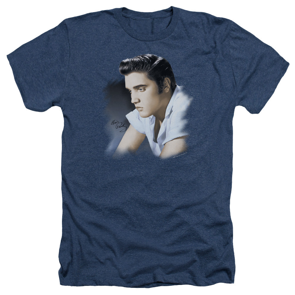 AN OFFCIALLY LICENSED ELVIS PRESLEY BLUE PROFILE MEN'S HEATHER T-SHIRT NAVY