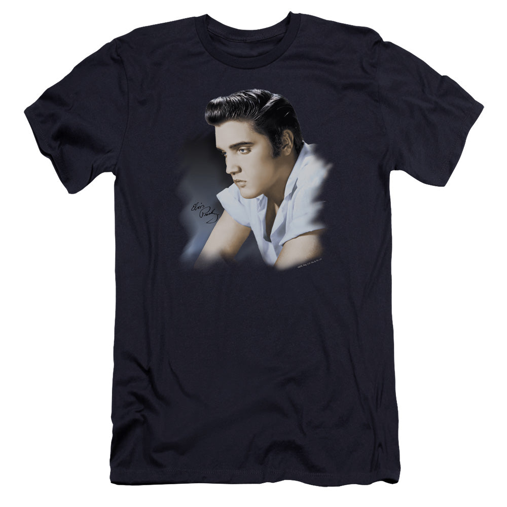 AN OFFCIALLY LICENSED ELVIS PRESLEY BLUE PROFILE MEN'S PREMIUM SLIM FIT T-SHIRT NAVY