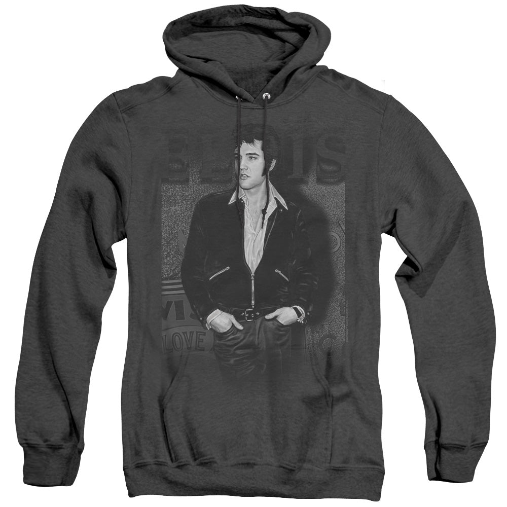 AN OFFCIALLY LICENSED ELVIS PRESLEY JUST COOL ADULT UNISEX HEATHER PULLOVER HOODIE BLACK
