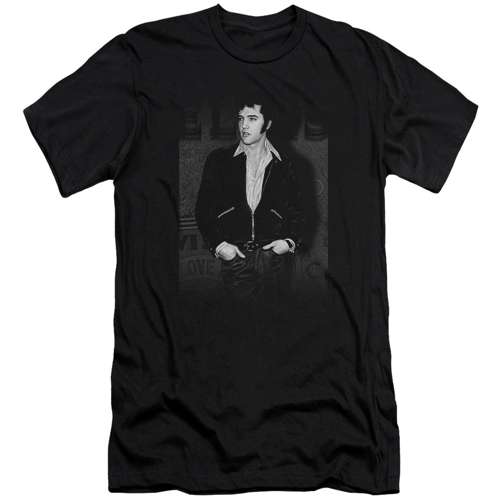 AN OFFCIALLY LICENSED ELVIS PRESLEY JUST COOL MEN'S PREMIUM SLIM FIT T-SHIRT BLACK