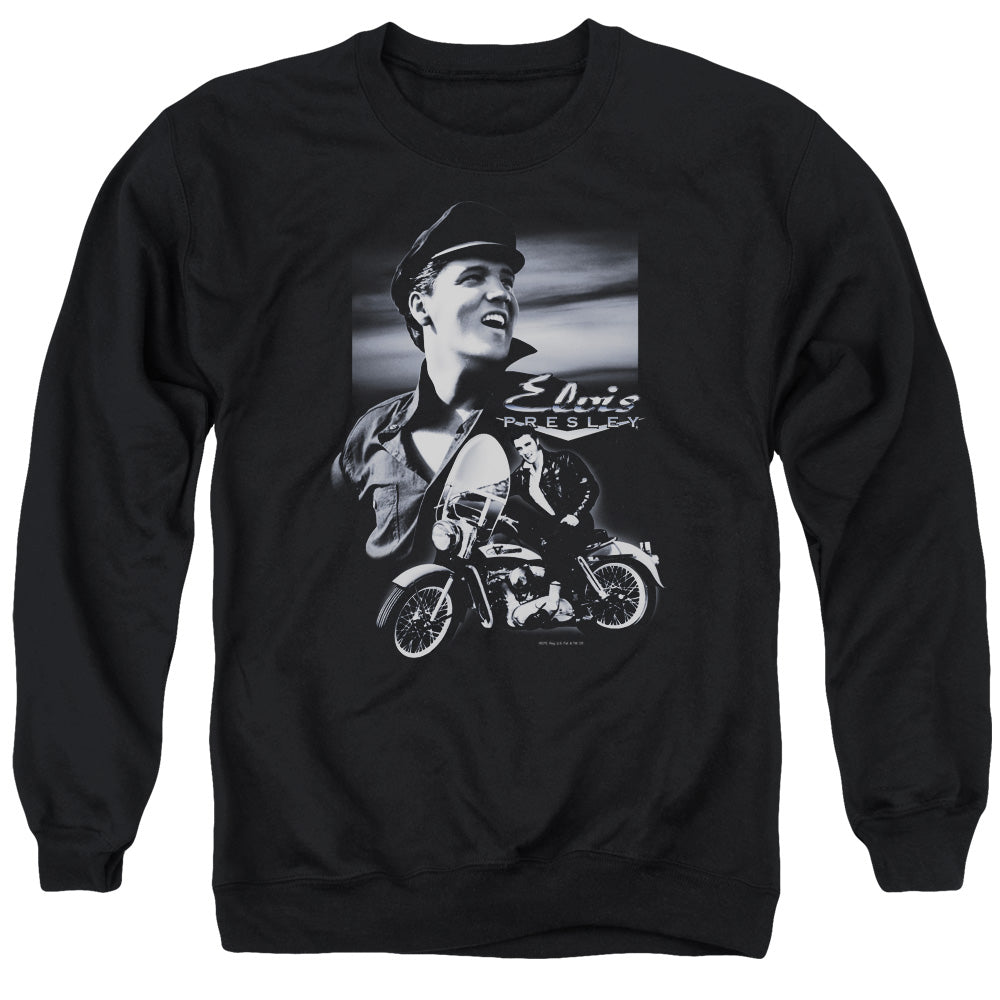 AN OFFCIALLY LICENSED ELVIS PRESLEY MOTORCYCLE ADULT UNISEX CREWNECK SWEATSHIRT BLACK