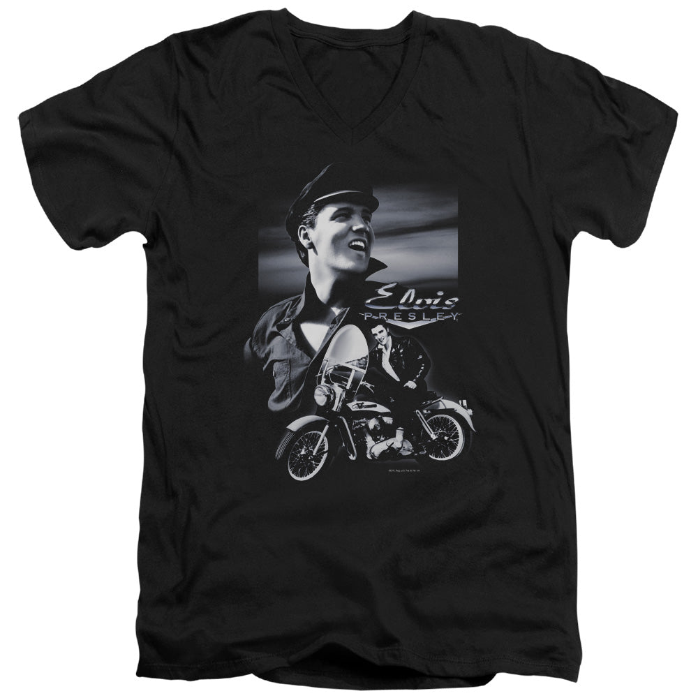 AN OFFCIALLY LICENSED ELVIS PRESLEY MOTORCYCLE MEN'S V-NECK T-SHIRT BLACK