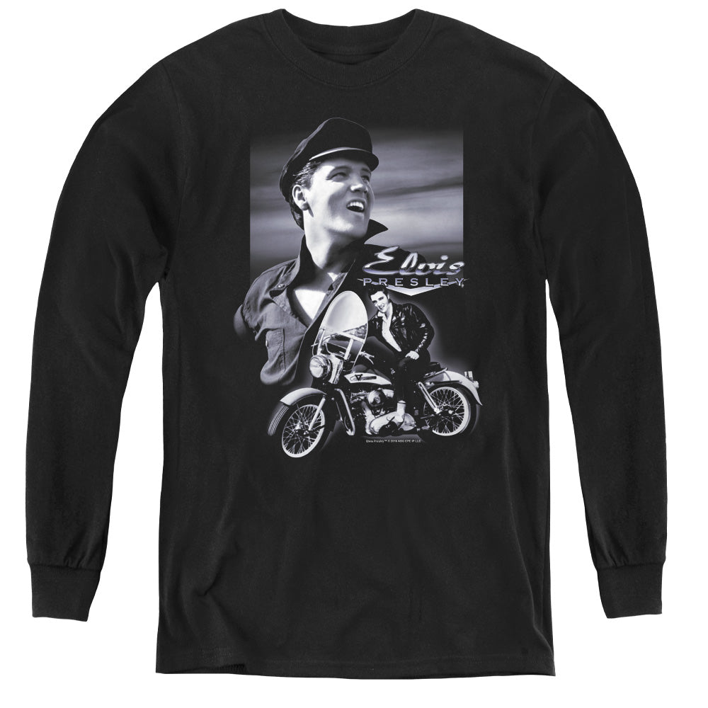 AN OFFCIALLY LICENSED ELVIS PRESLEY MOTORCYCLE YOUTH LONG SLEEVE T-SHIRT BLACK