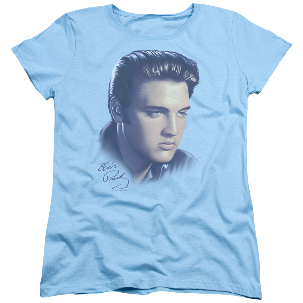 AN OFFCIALLY LICENSED ELVIS PRESLEY BIG PORTRAIT WOMEN'S REGULAR FIT T-SHIRT LIGHT BLUE