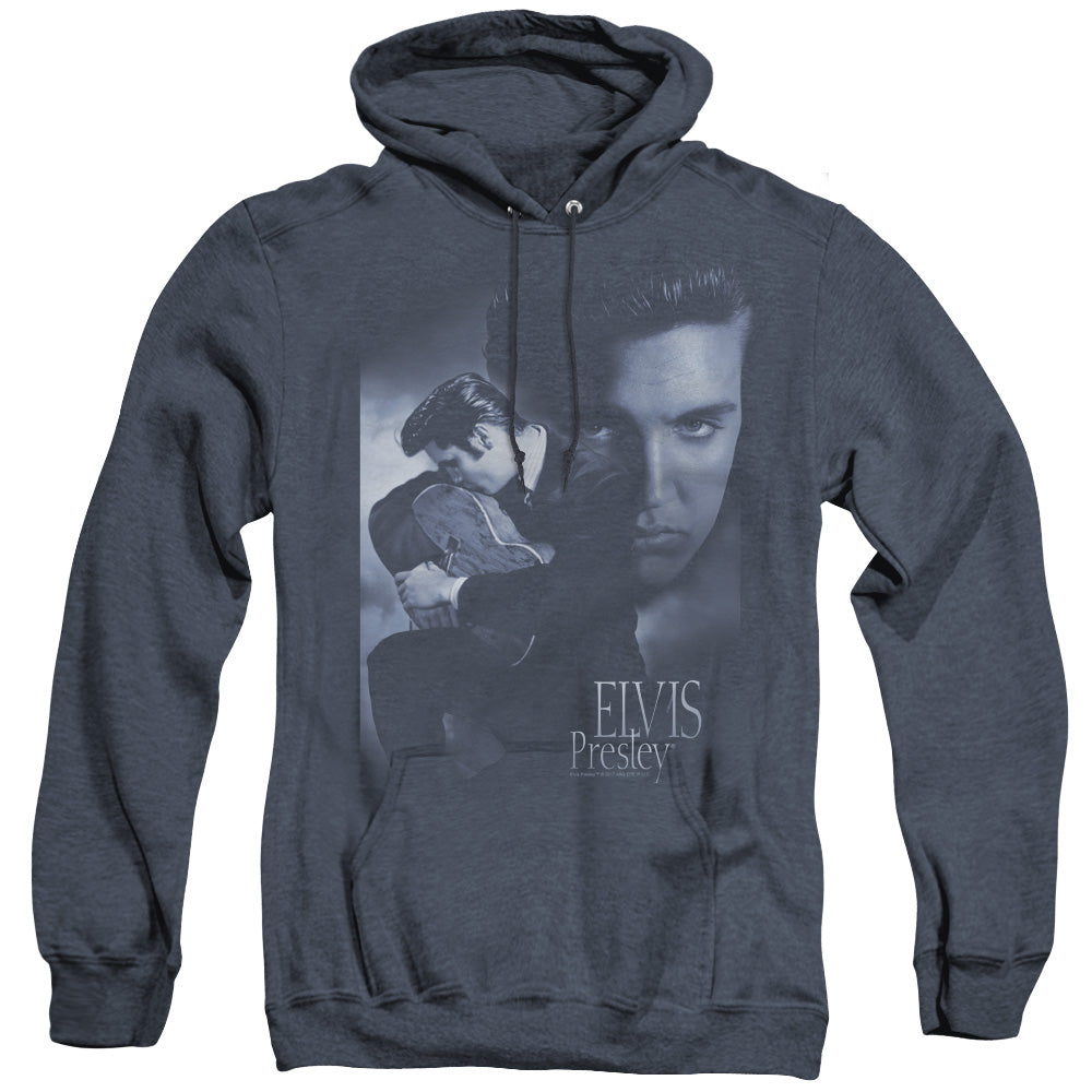 AN OFFCIALLY LICENSED ELVIS PRESLEY REVERENT ADULT UNISEX HEATHER PULLOVER HOODIE NAVY