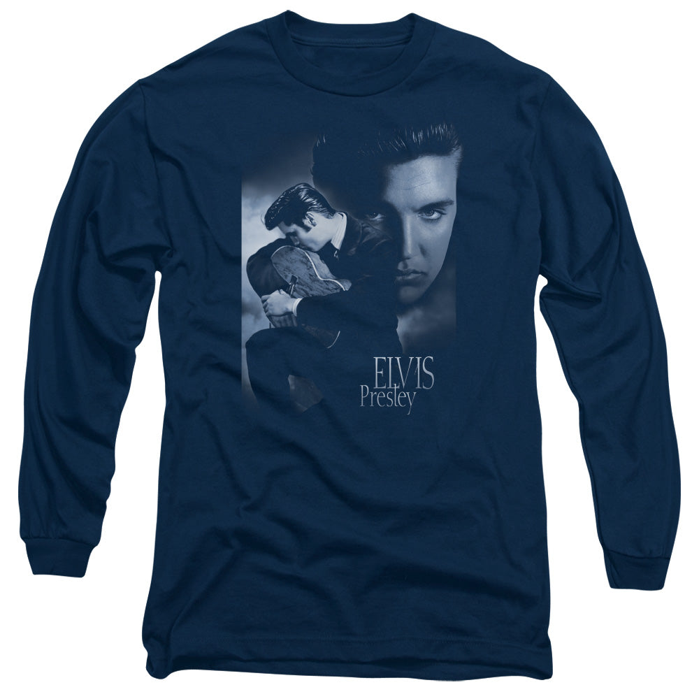 AN OFFCIALLY LICENSED ELVIS PRESLEY REVERENT MEN'S LONG SLEEVE T-SHIRT NAVY