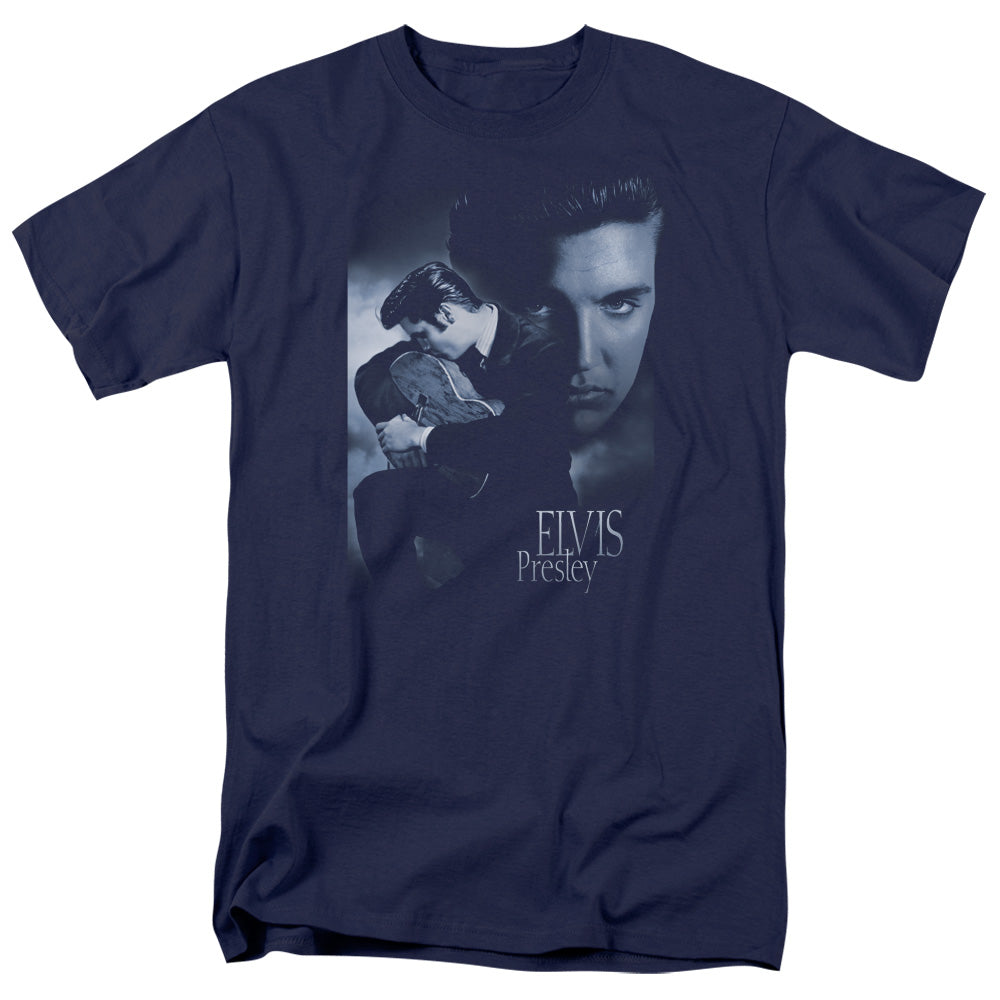 AN OFFCIALLY LICENSED ELVIS PRESLEY REVERENT MEN'S REGULAR FIT T-SHIRT NAVY