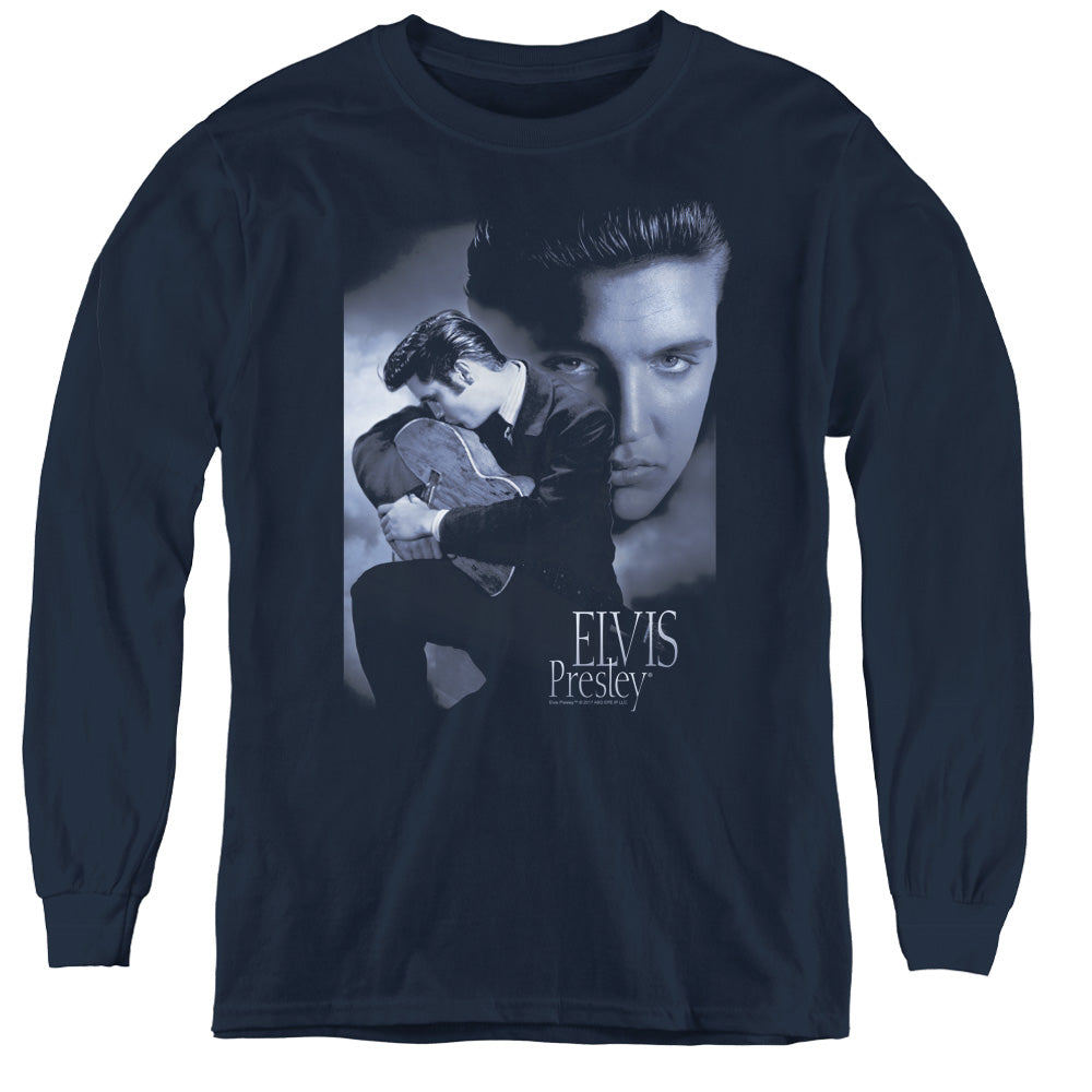 AN OFFCIALLY LICENSED ELVIS PRESLEY REVERENT YOUTH LONG SLEEVE T-SHIRT NAVY