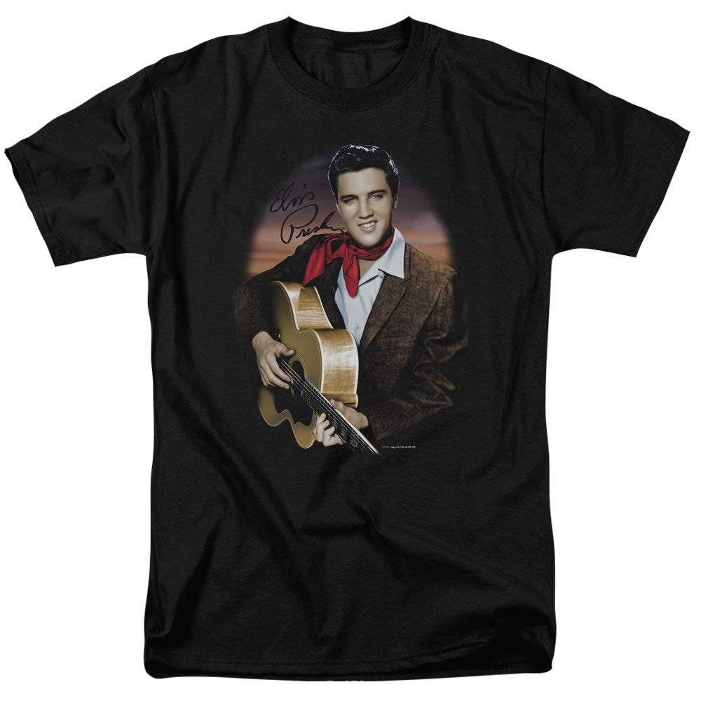 AN OFFCIALLY LICENSED ELVIS PRESLEY RED SCARF #2 MEN'S REGULAR FIT T-SHIRT BLACK