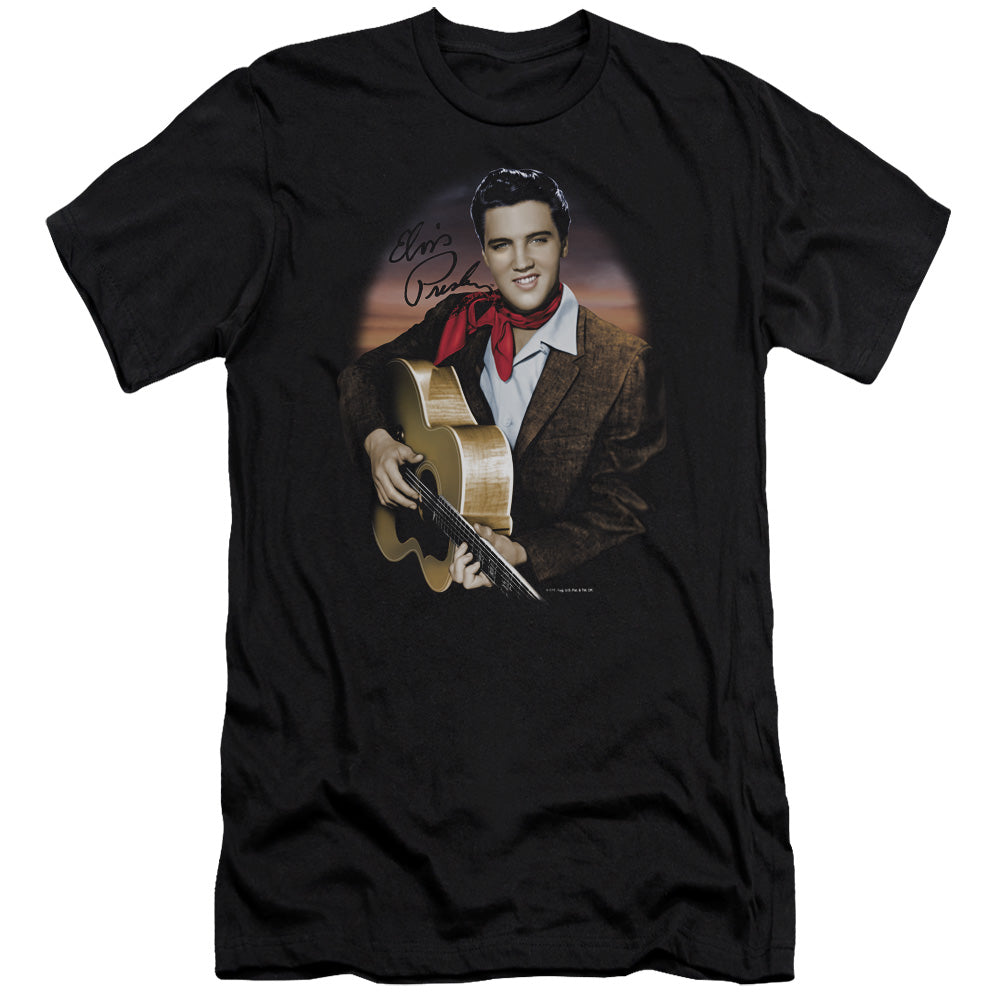 AN OFFCIALLY LICENSED ELVIS PRESLEY RED SCARF #2 MEN'S PREMIUM SLIM FIT T-SHIRT BLACK