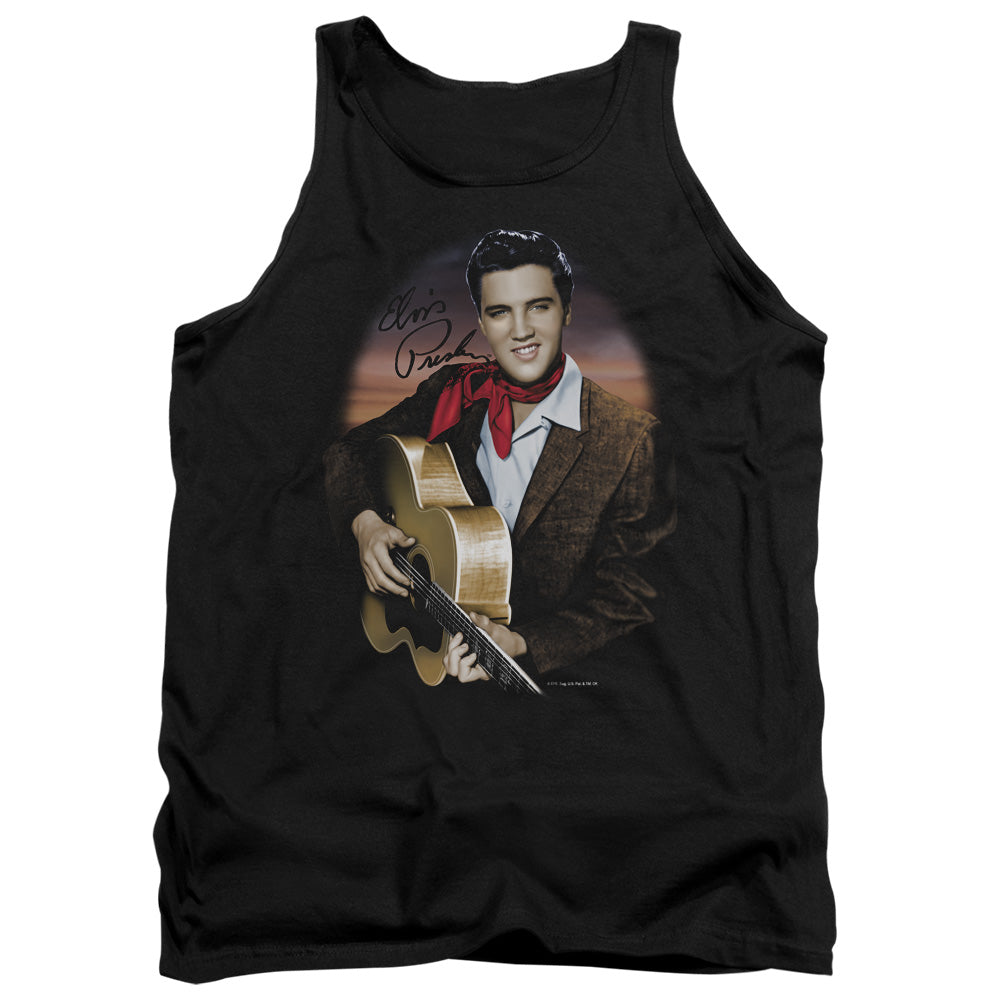 AN OFFCIALLY LICENSED ELVIS PRESLEY RED SCARF #2 ADULT UNISEX TANK TOP BLACK
