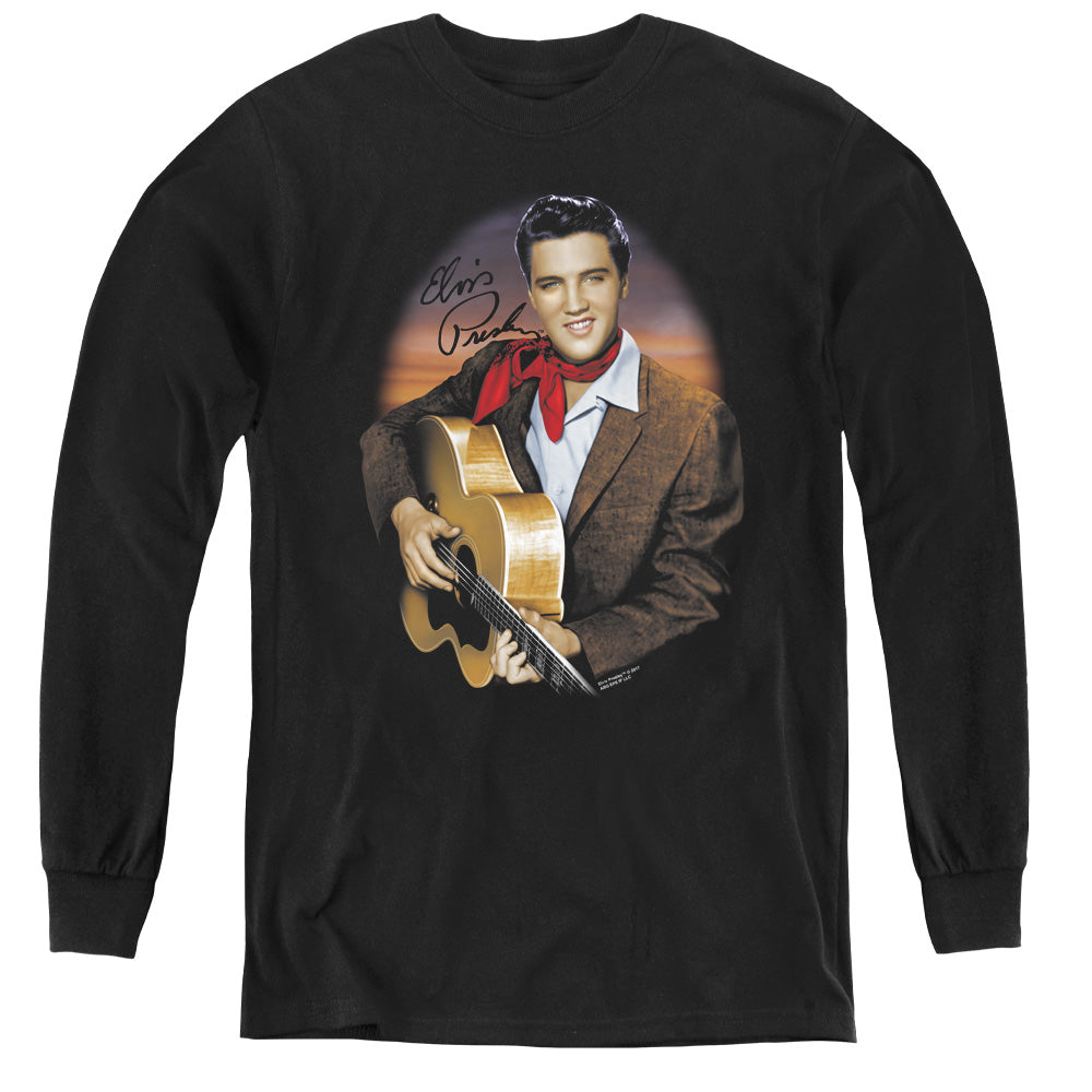 AN OFFCIALLY LICENSED ELVIS PRESLEY RED SCARF #2 YOUTH LONG SLEEVE T-SHIRT BLACK