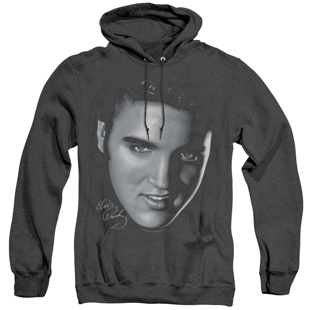 AN OFFCIALLY LICENSED ELVIS PRESLEY BIG FACE ADULT UNISEX HEATHER PULLOVER HOODIE BLACK