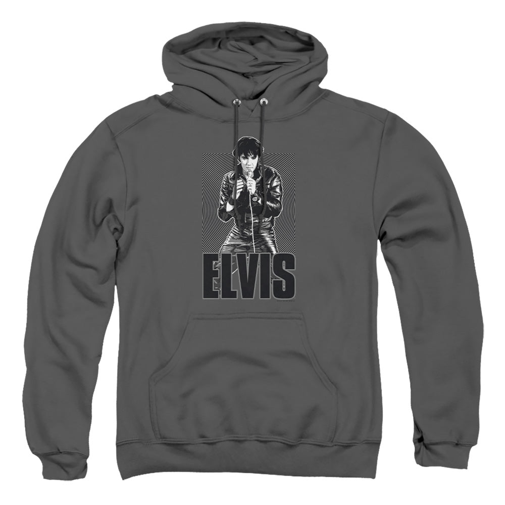 AN OFFCIALLY LICENSED ELVIS PRESLEY LEATHER ADULT UNISEX PULLOVER HOODIE CHARCOAL