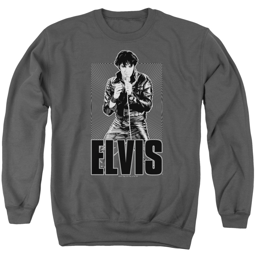 AN OFFCIALLY LICENSED ELVIS PRESLEY LEATHER ADULT UNISEX CREWNECK SWEATSHIRT CHARCOAL