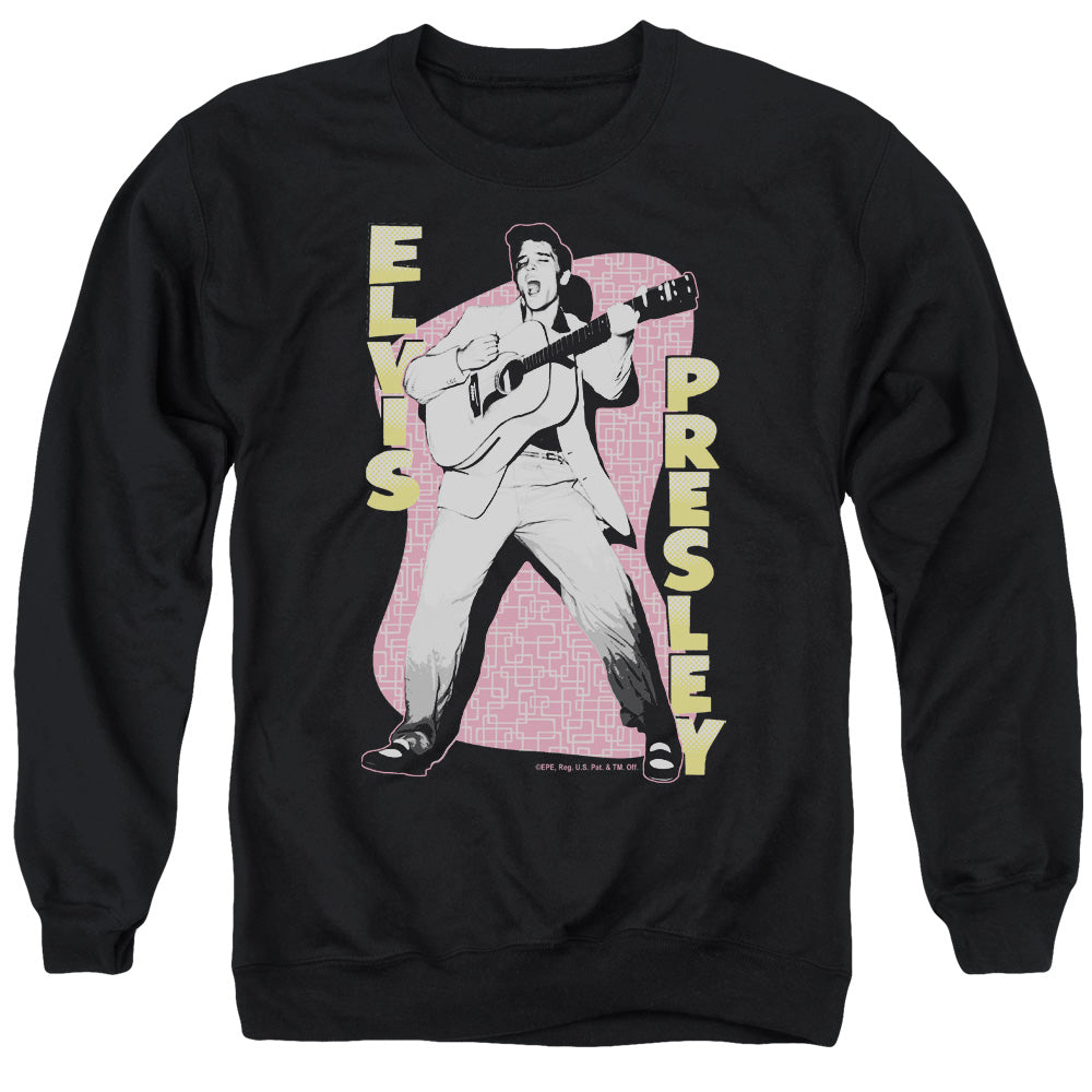 AN OFFCIALLY LICENSED ELVIS PRESLEY PINK ROCK ADULT UNISEX CREWNECK SWEATSHIRT BLACK