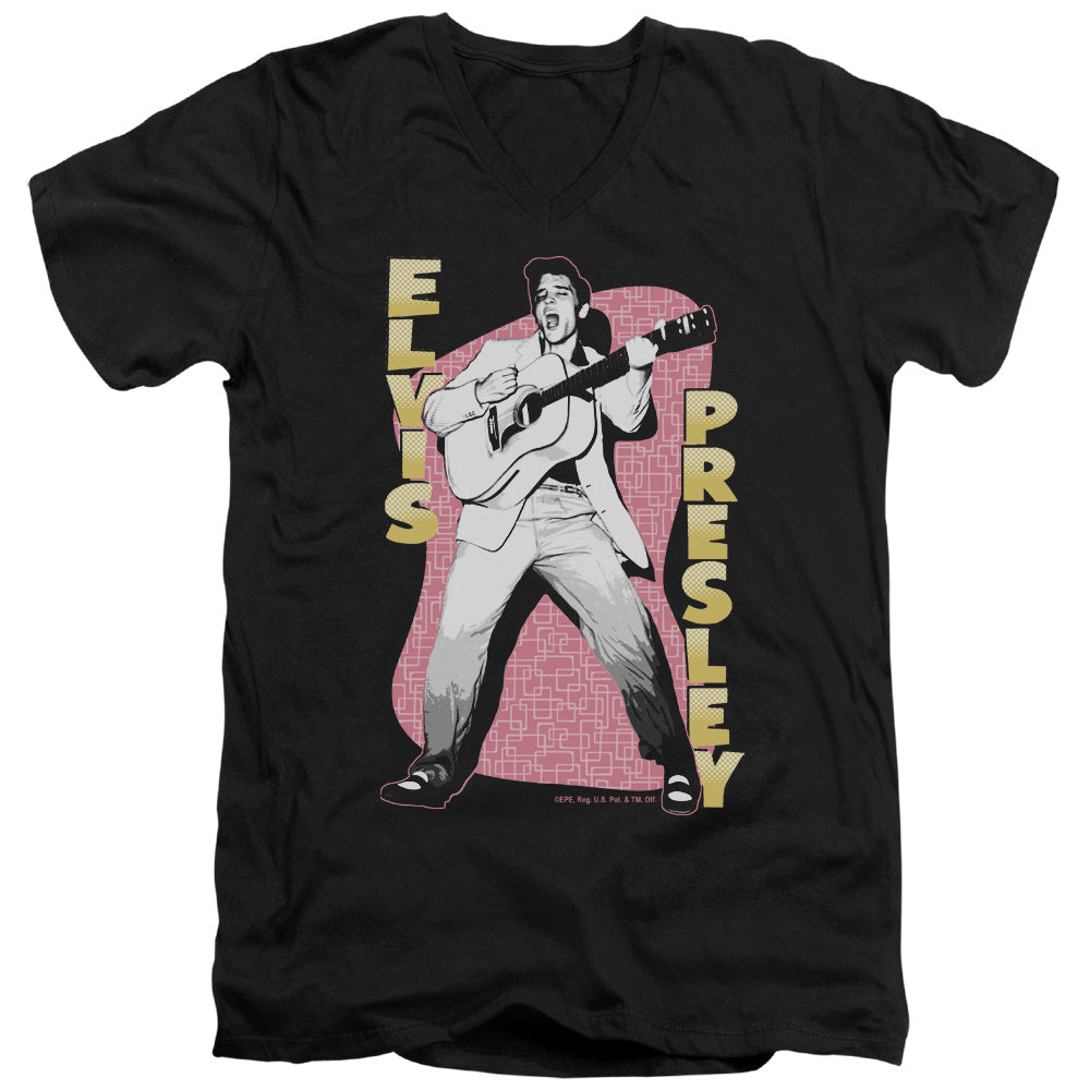 AN OFFCIALLY LICENSED ELVIS PRESLEY PINK ROCK MEN'S V-NECK T-SHIRT BLACK