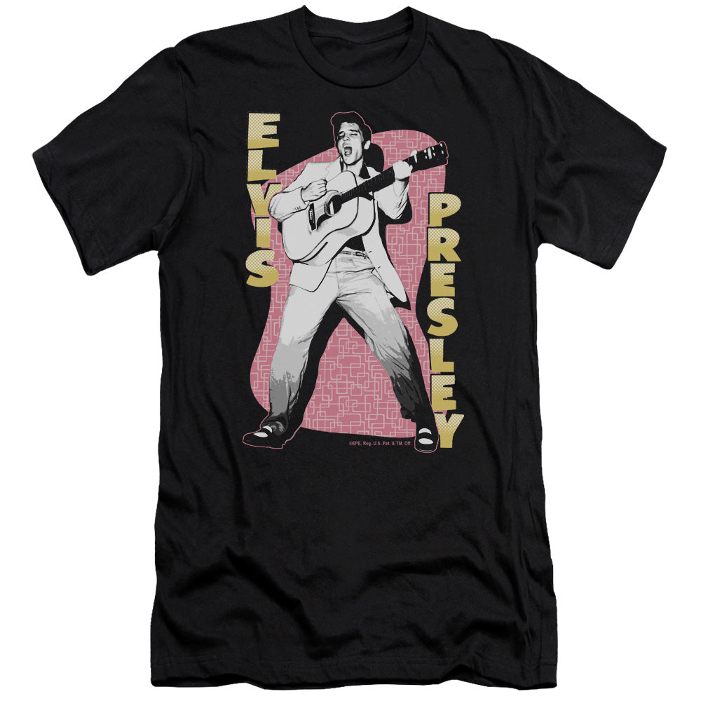 AN OFFCIALLY LICENSED ELVIS PRESLEY PINK ROCK MEN'S PREMIUM SLIM FIT T-SHIRT BLACK