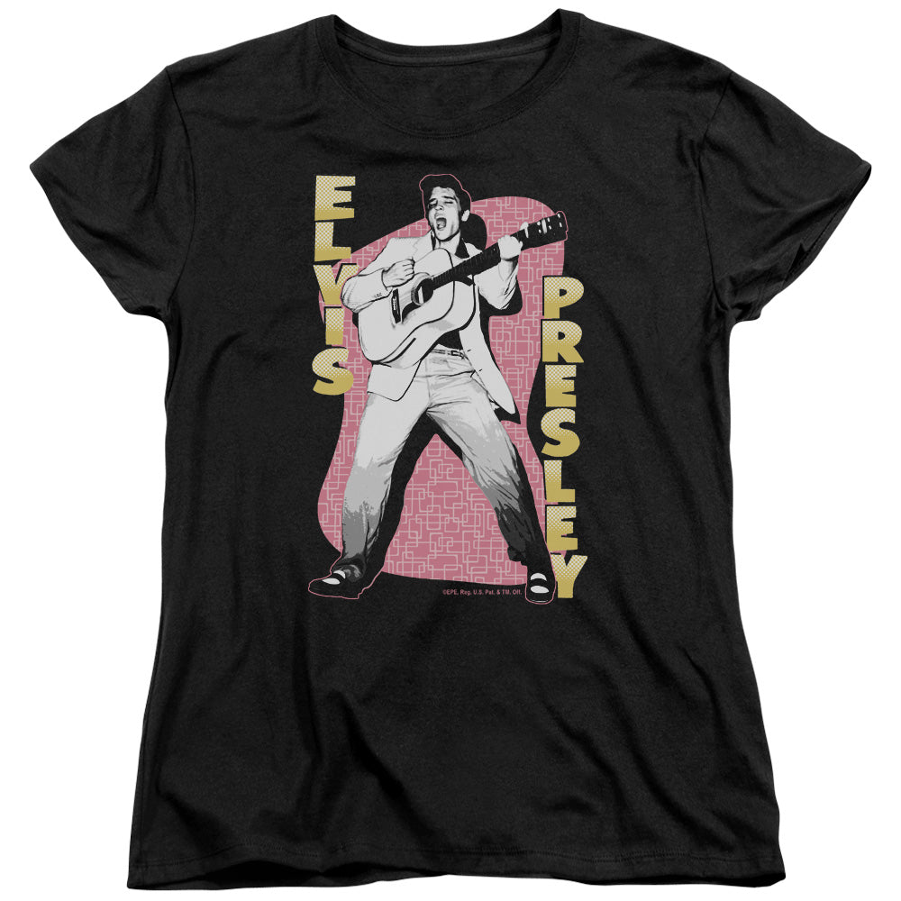 AN OFFCIALLY LICENSED ELVIS PRESLEY PINK ROCK WOMEN'S REGULAR FIT T-SHIRT BLACK