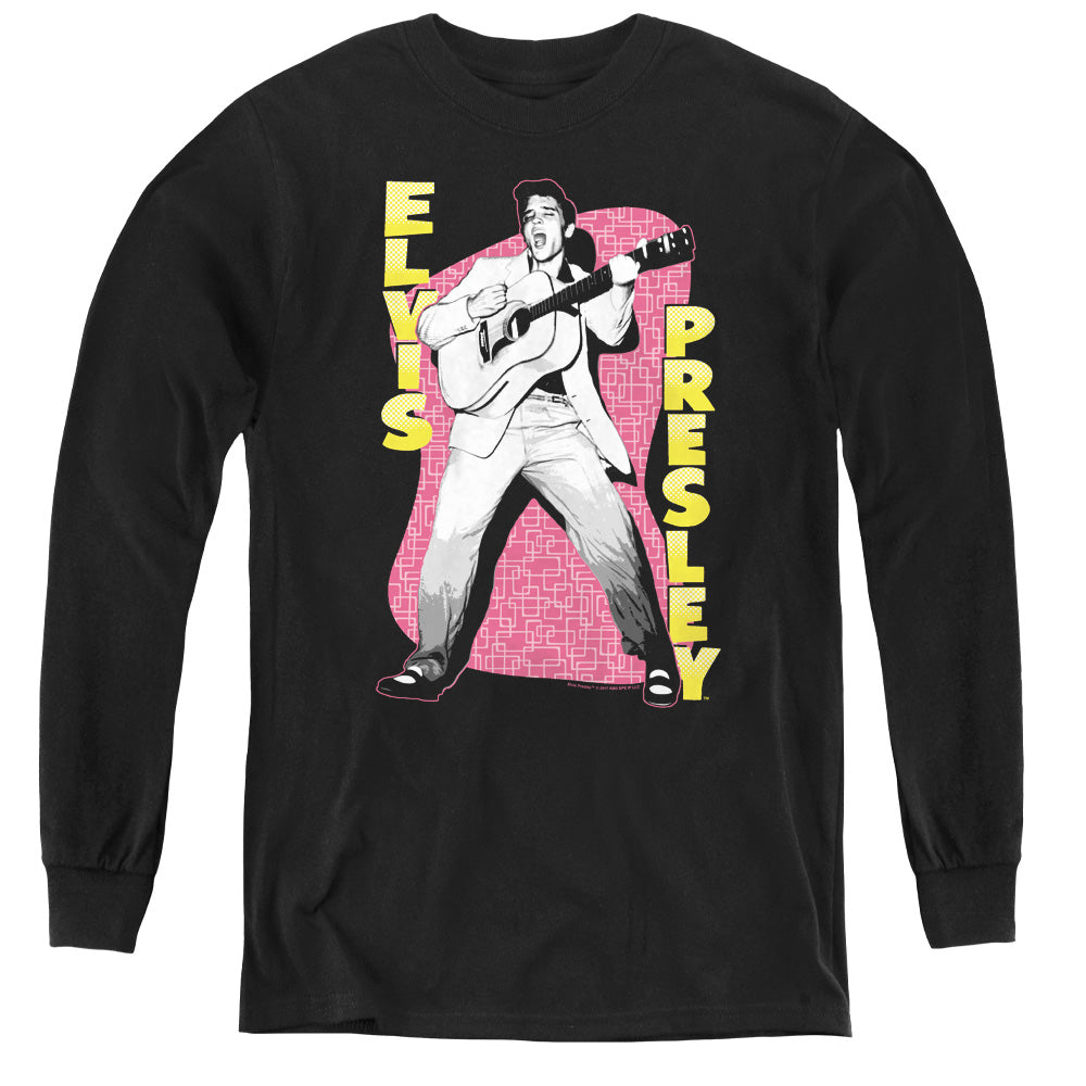 AN OFFCIALLY LICENSED ELVIS PRESLEY PINK ROCK YOUTH LONG SLEEVE T-SHIRT BLACK