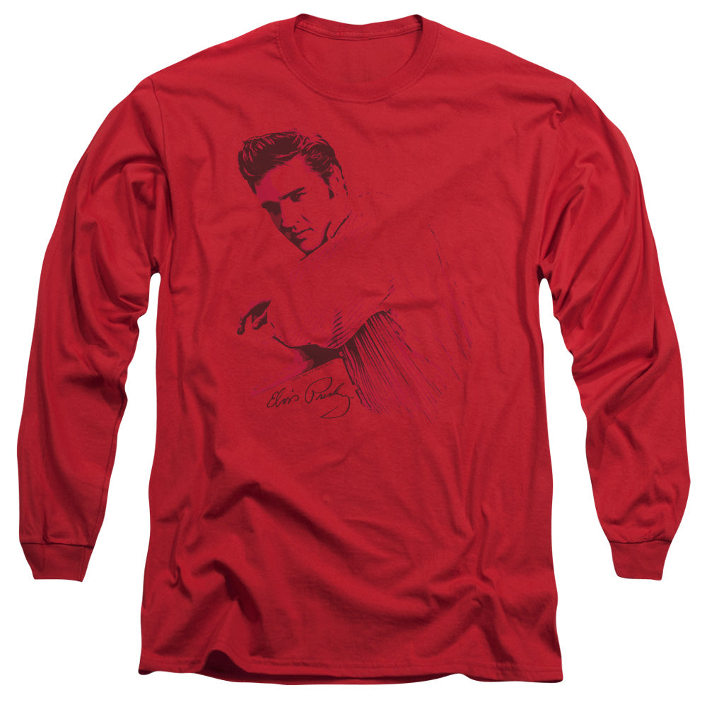 AN OFFCIALLY LICENSED ELVIS PRESLEY ON THE RANGE MEN'S LONG SLEEVE T-SHIRT RED