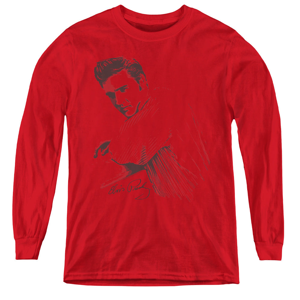 AN OFFCIALLY LICENSED ELVIS PRESLEY ON THE RANGE YOUTH LONG SLEEVE T-SHIRT RED