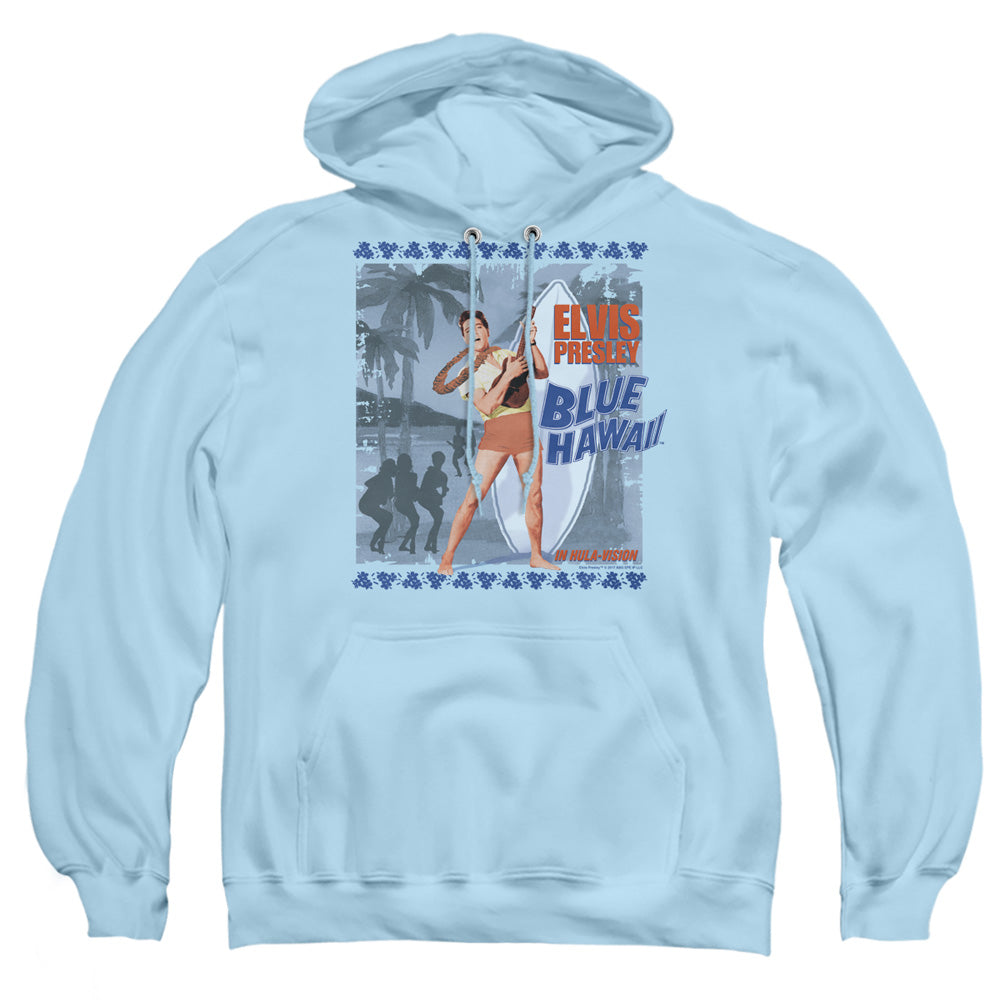 AN OFFCIALLY LICENSED ELVIS PRESLEY BLUE HAWAII POSTER ADULT UNISEX PULLOVER HOODIE LIGHT BLUE