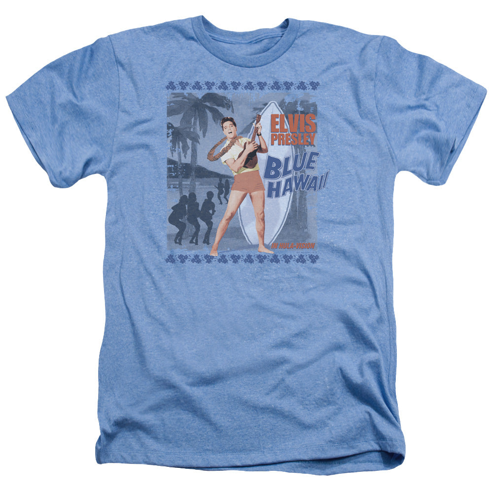 AN OFFCIALLY LICENSED ELVIS PRESLEY BLUE HAWAII POSTER MEN'S HEATHER T-SHIRT LIGHT BLUE