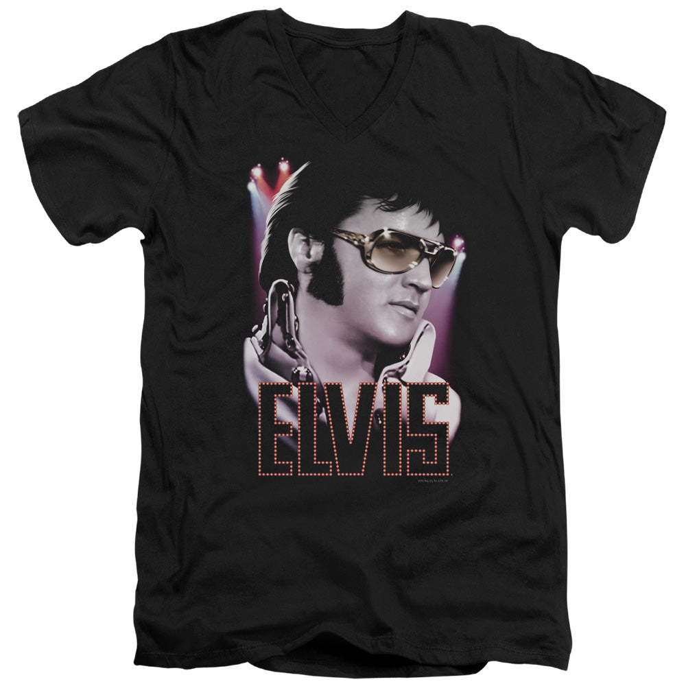 AN OFFCIALLY LICENSED ELVIS PRESLEY 70S STAR MEN'S V-NECK T-SHIRT BLACK