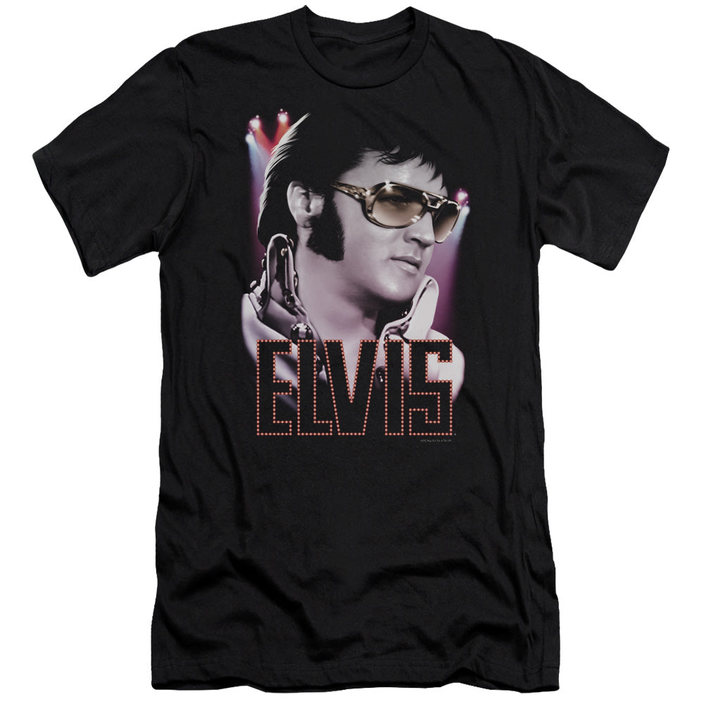 AN OFFCIALLY LICENSED ELVIS PRESLEY 70S STAR MEN'S PREMIUM SLIM FIT T-SHIRT BLACK