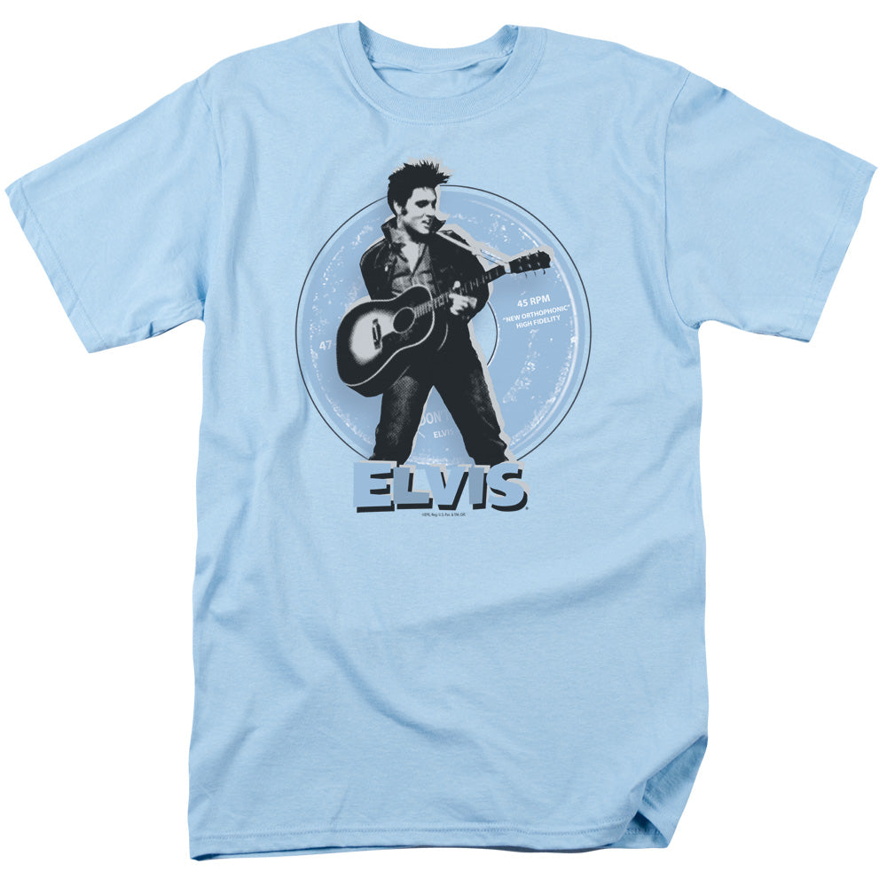 AN OFFCIALLY LICENSED ELVIS PRESLEY 45 RPM MEN'S REGULAR FIT T-SHIRT LIGHT BLUE
