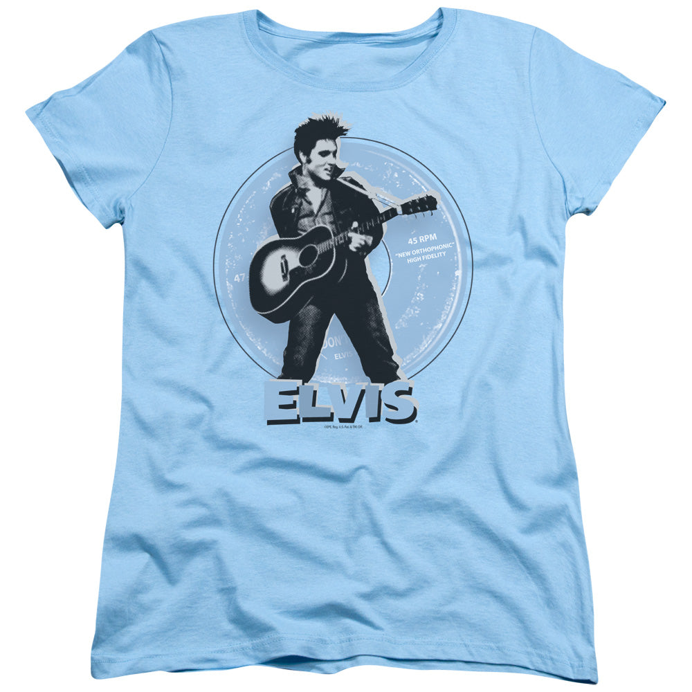 AN OFFCIALLY LICENSED ELVIS PRESLEY 45 RPM WOMEN'S REGULAR FIT T-SHIRT LIGHT BLUE