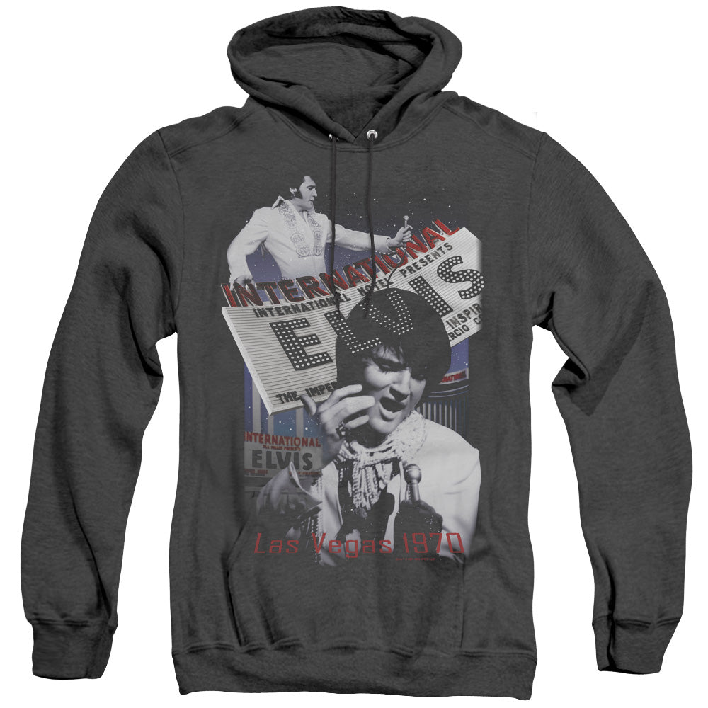 AN OFFCIALLY LICENSED ELVIS PRESLEY INTERNATIONAL HOTEL ADULT UNISEX HEATHER PULLOVER HOODIE BLACK