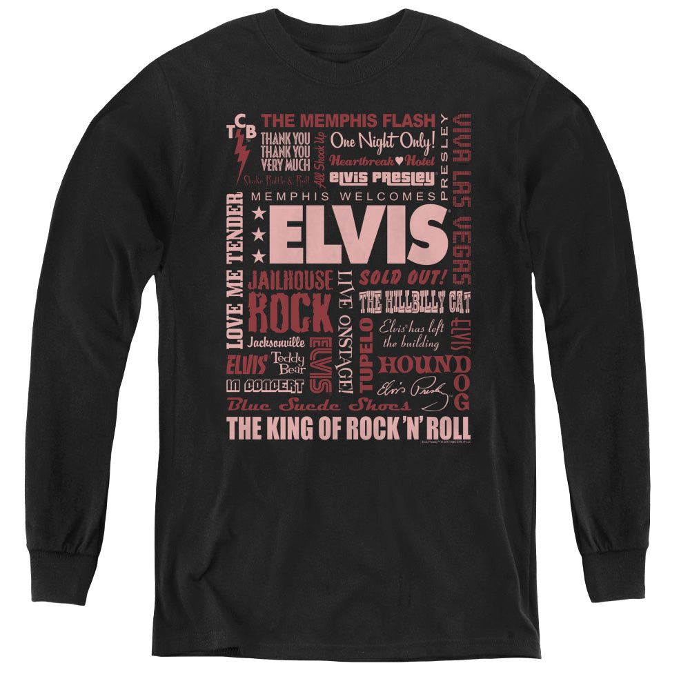 AN OFFCIALLY LICENSED ELVIS PRESLEY WHOLE LOTTA TYPE YOUTH LONG SLEEVE T-SHIRT BLACK