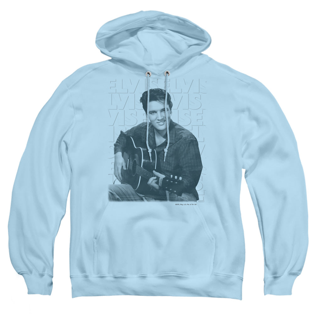 AN OFFCIALLY LICENSED ELVIS PRESLEY REPEAT ADULT UNISEX PULLOVER HOODIE LIGHT BLUE