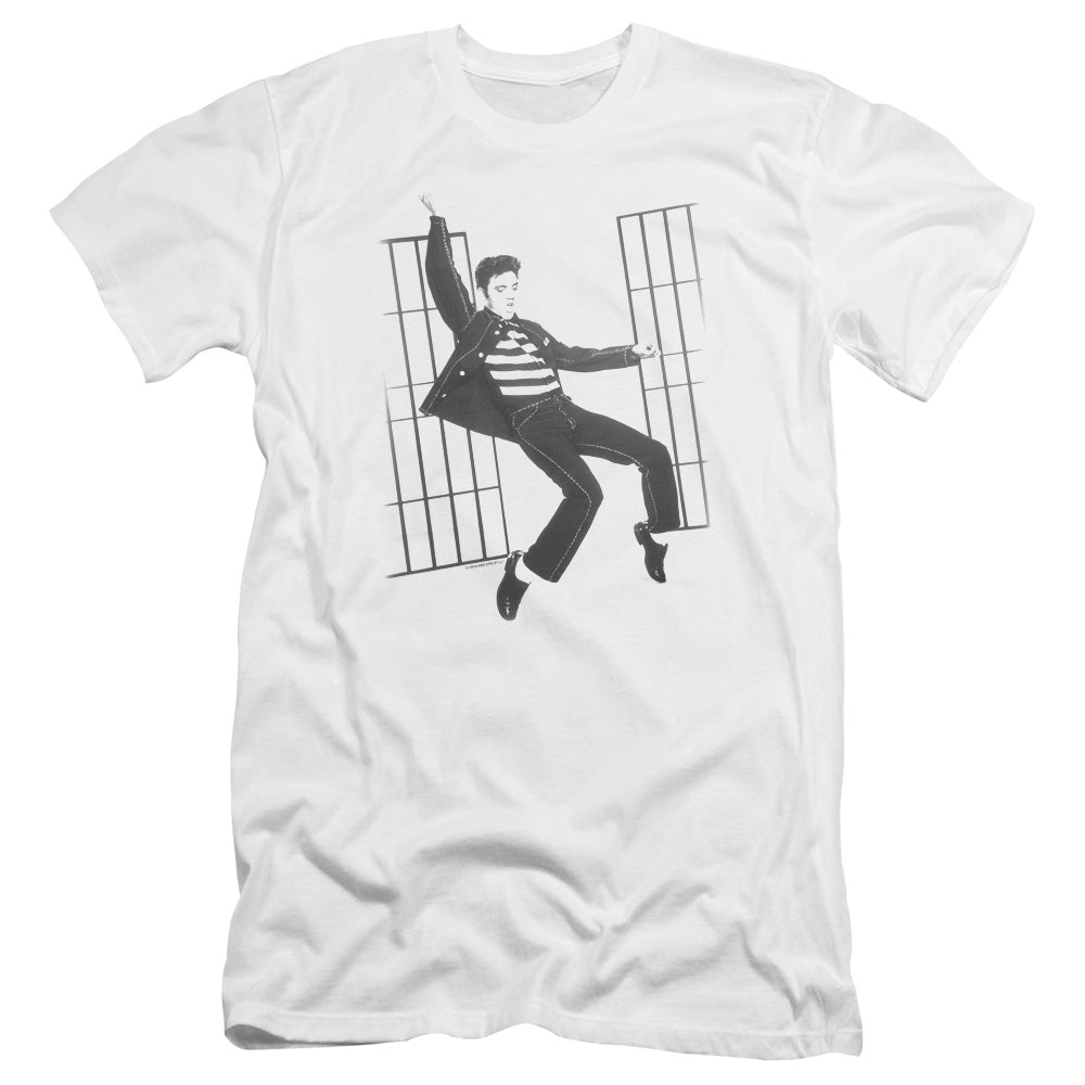 AN OFFCIALLY LICENSED ELVIS PRESLEY JAILHOUSE ROCK MEN'S PREMIUM SLIM FIT T-SHIRT WHITE