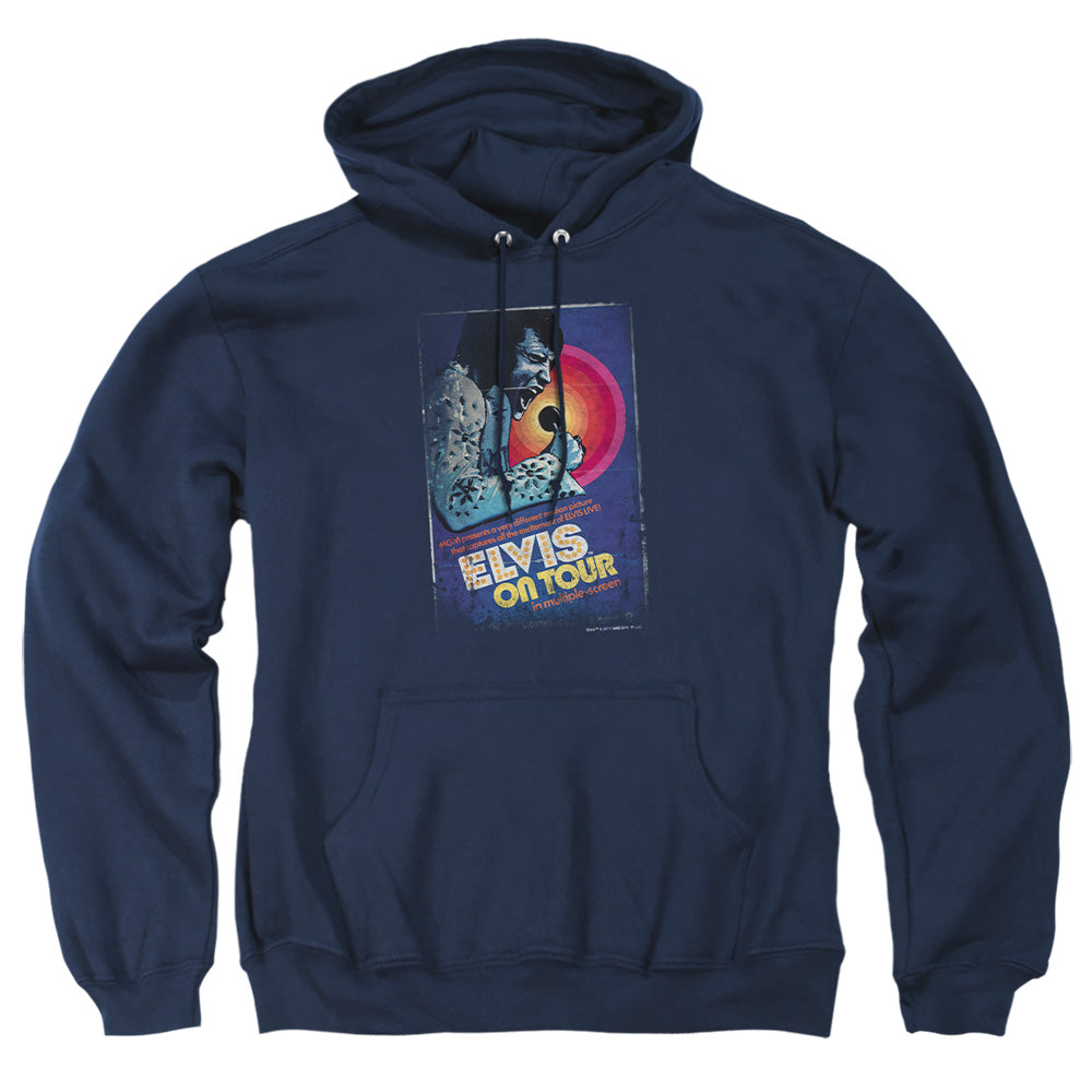 AN OFFCIALLY LICENSED ELVIS PRESLEY ON TOUR POSTER ADULT UNISEX PULLOVER HOODIE NAVY