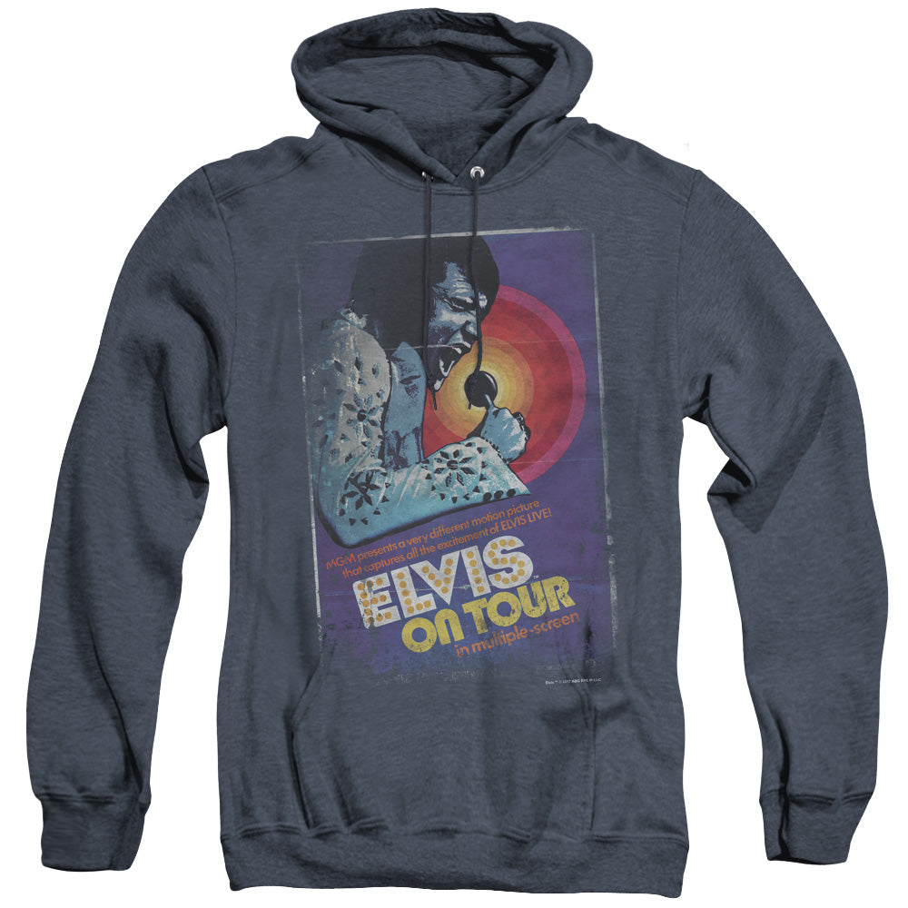 AN OFFCIALLY LICENSED ELVIS PRESLEY ON TOUR POSTER ADULT UNISEX HEATHER PULLOVER HOODIE NAVY