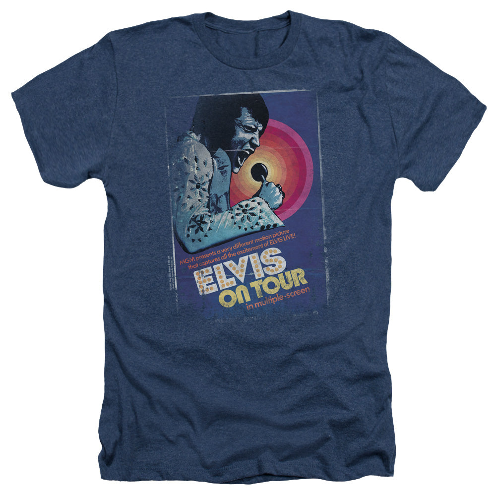 AN OFFCIALLY LICENSED ELVIS PRESLEY ON TOUR POSTER MEN'S HEATHER T-SHIRT NAVY