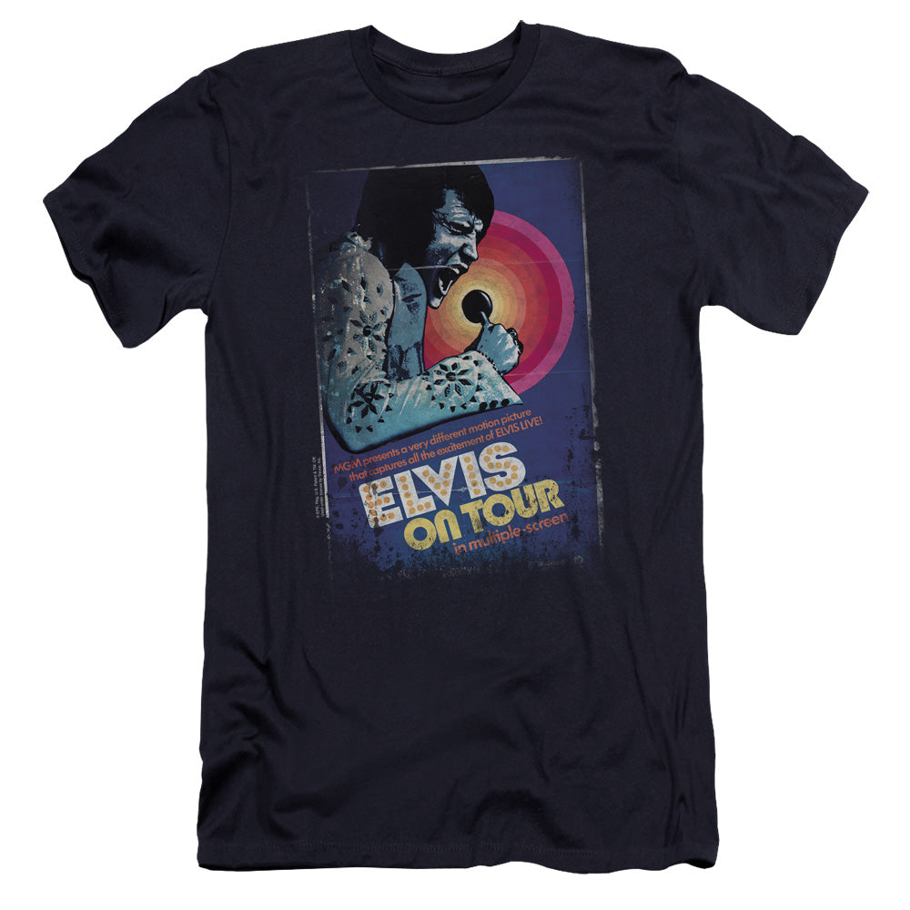 AN OFFCIALLY LICENSED ELVIS PRESLEY ON TOUR POSTER MEN'S PREMIUM SLIM FIT T-SHIRT NAVY